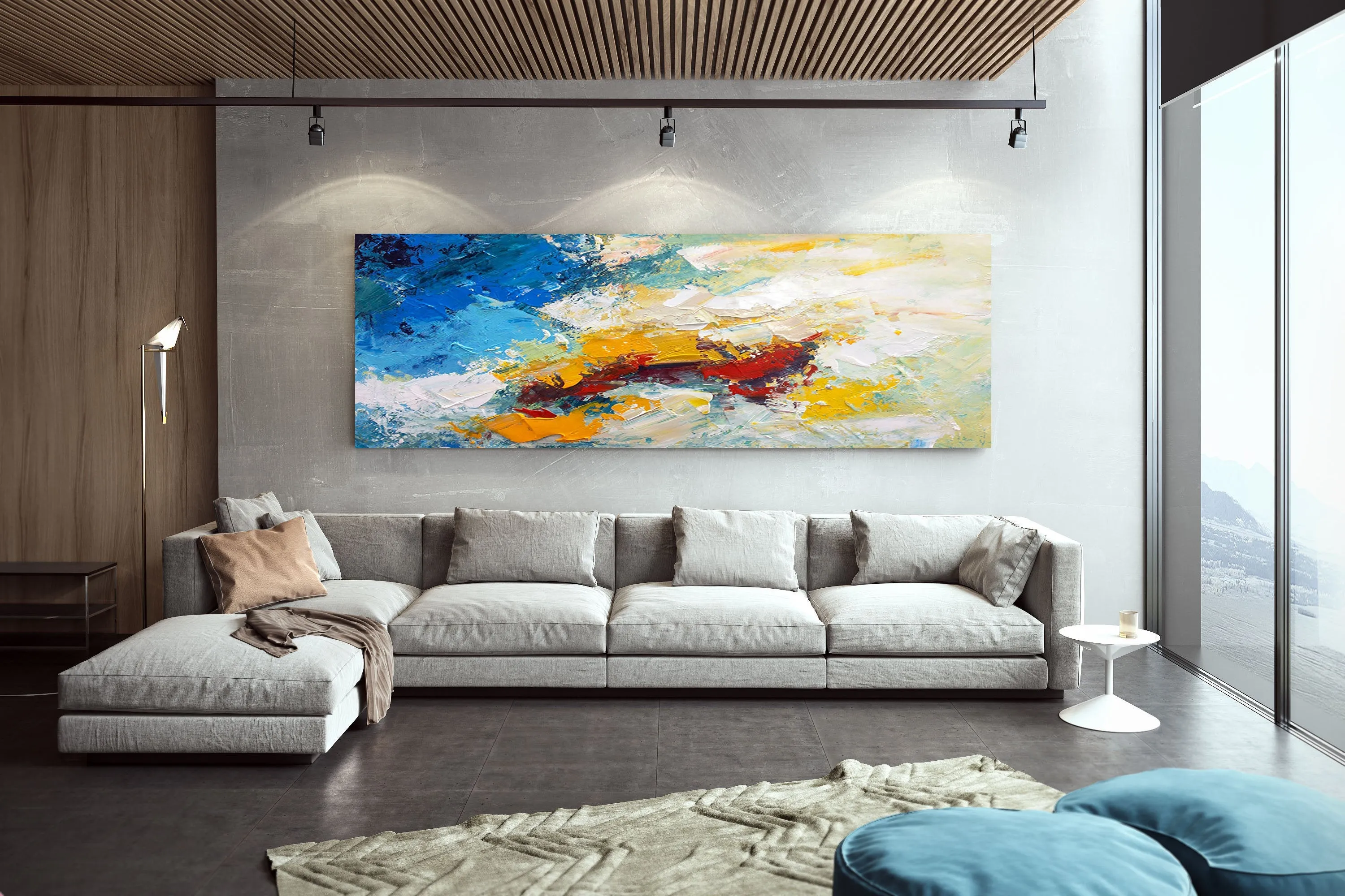 Blue White Yellow Abstract Painting on Canvas Large Artwork Dp035