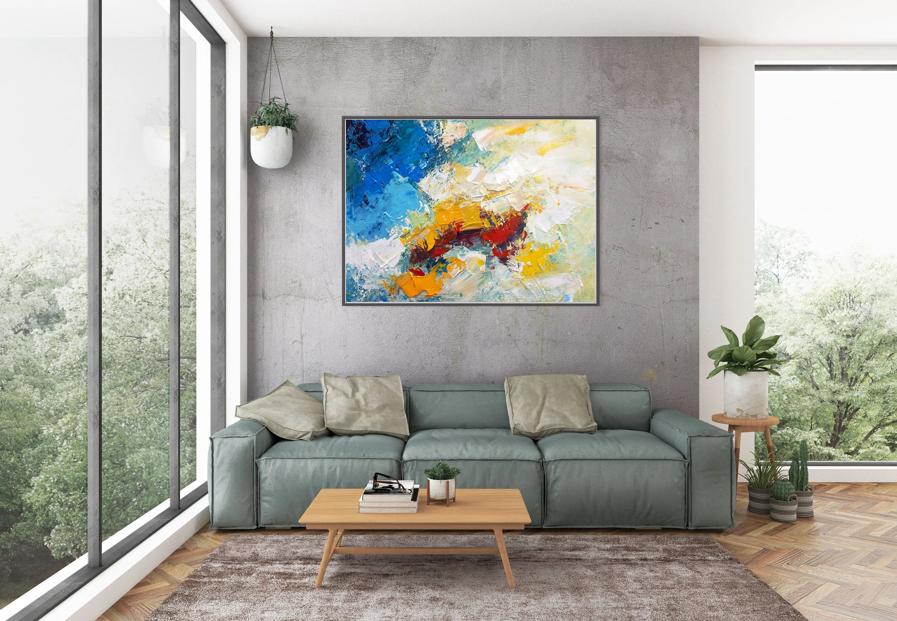 Blue White Yellow Abstract Painting on Canvas Large Artwork Dp035