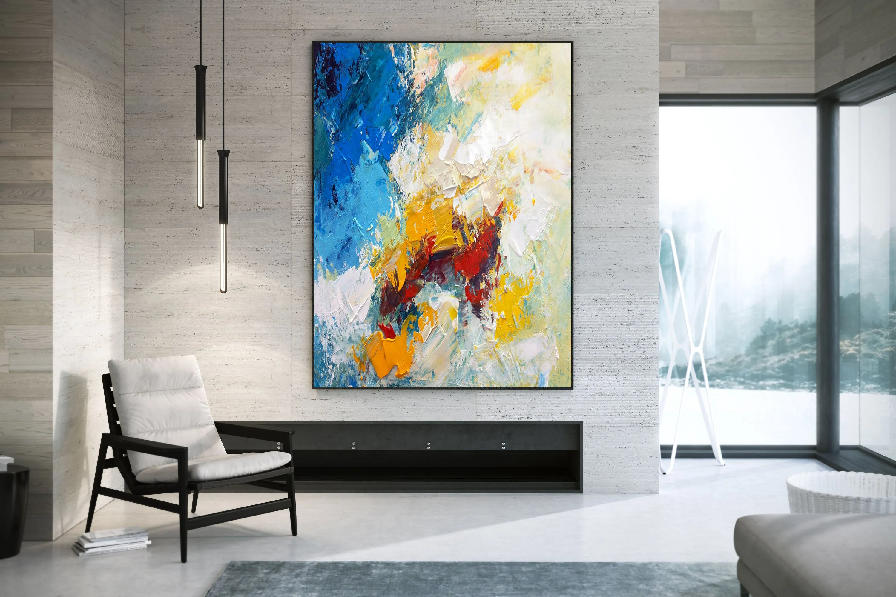 Blue White Yellow Abstract Painting on Canvas Large Artwork Dp035