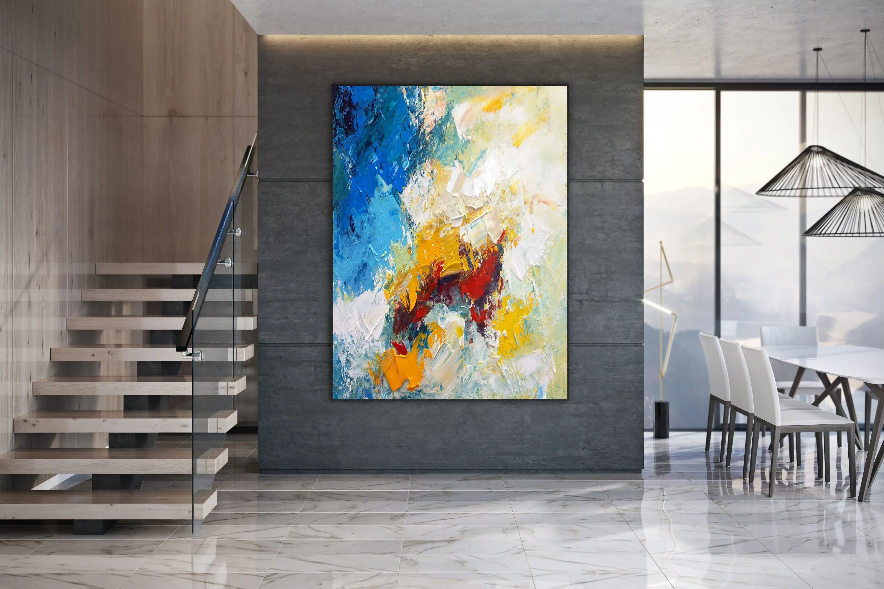 Blue White Yellow Abstract Painting on Canvas Large Artwork Dp035