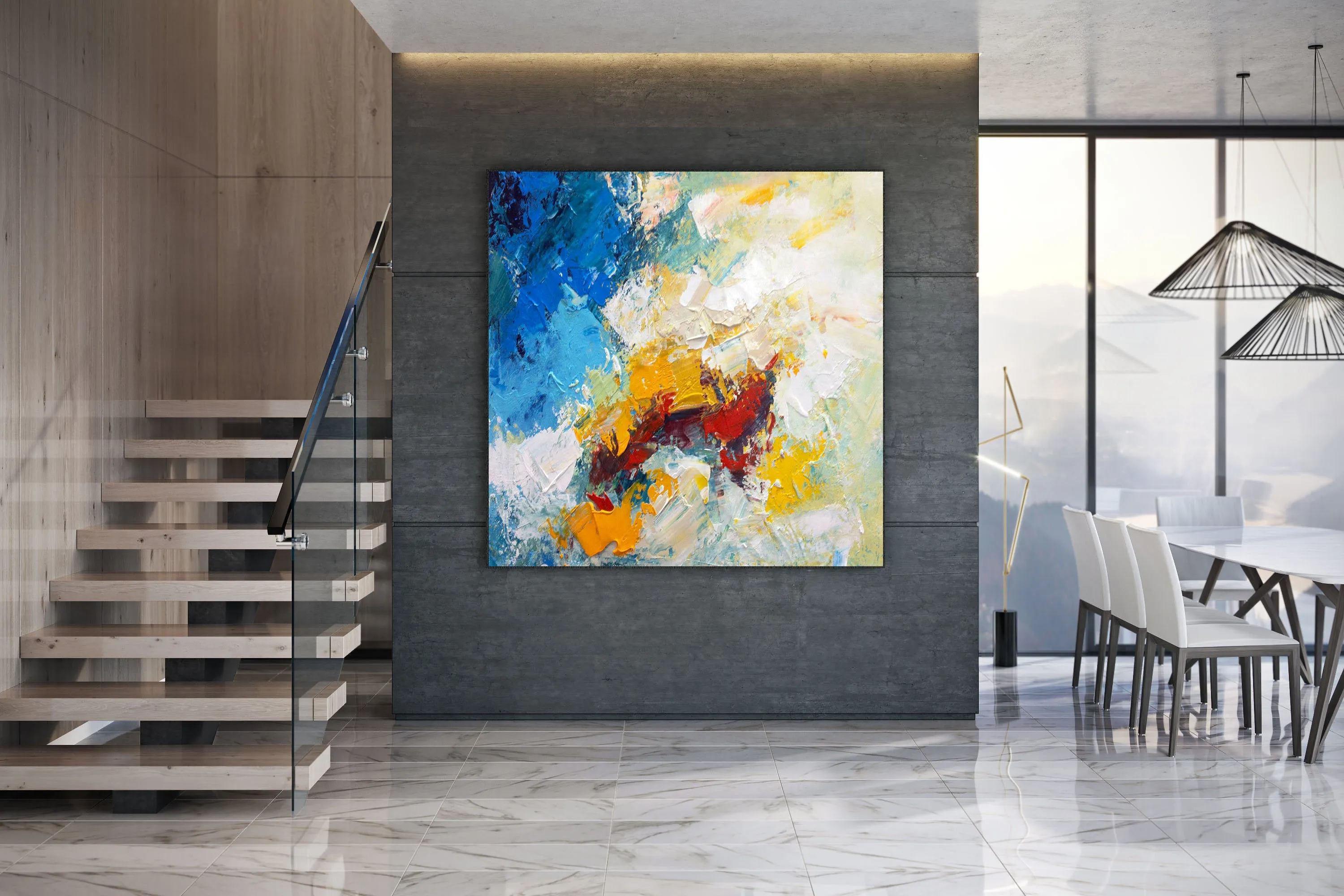 Blue White Yellow Abstract Painting on Canvas Large Artwork Dp035