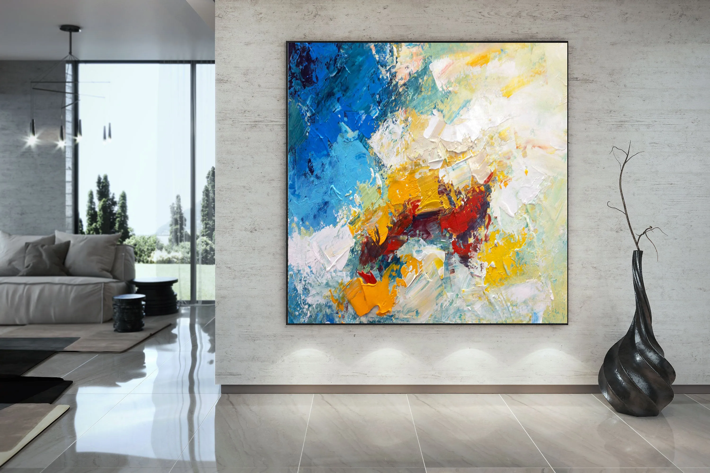 Blue White Yellow Abstract Painting on Canvas Large Artwork Dp035