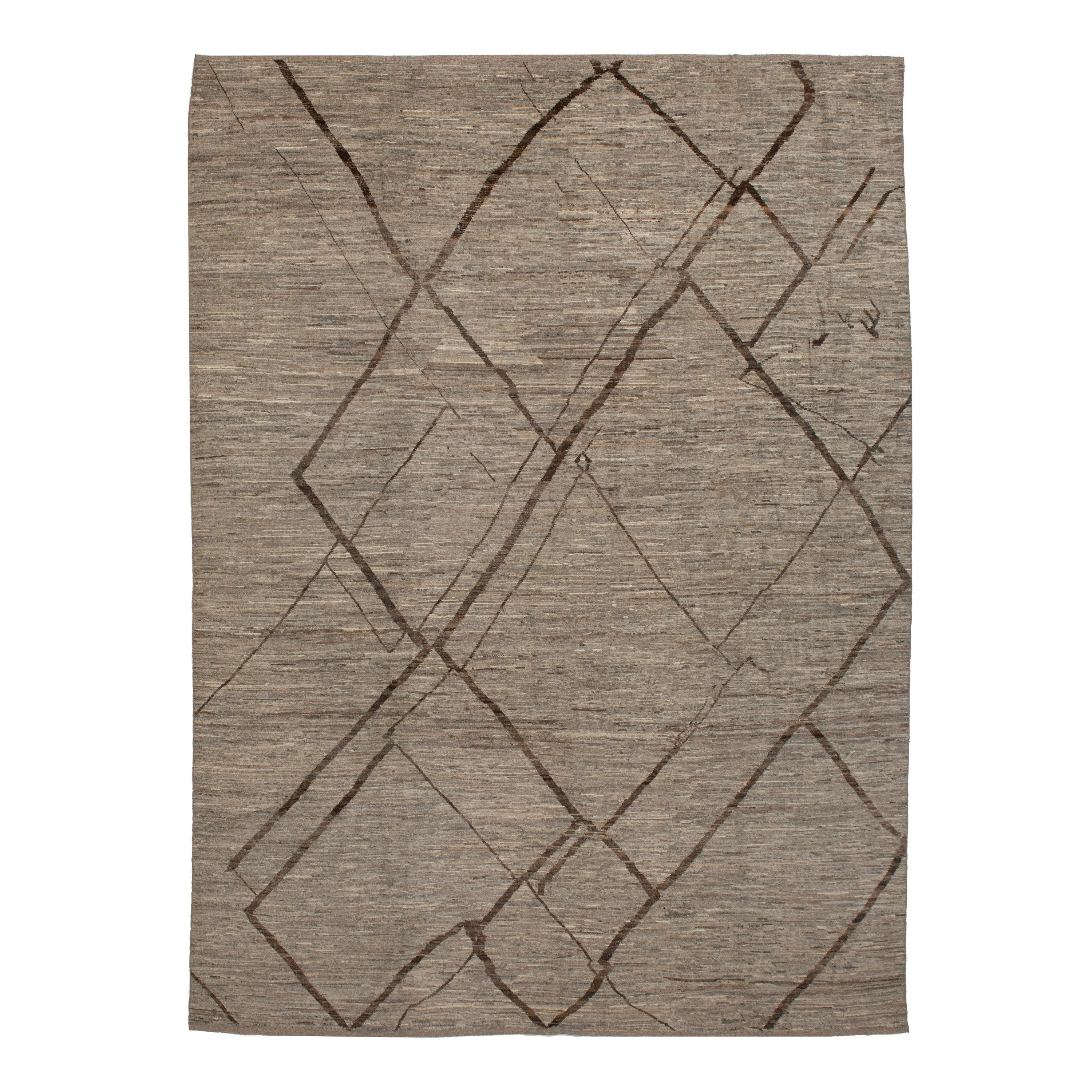 Brown Zameen Geometric Modern Wool Rug - 10'4" x 14'2"