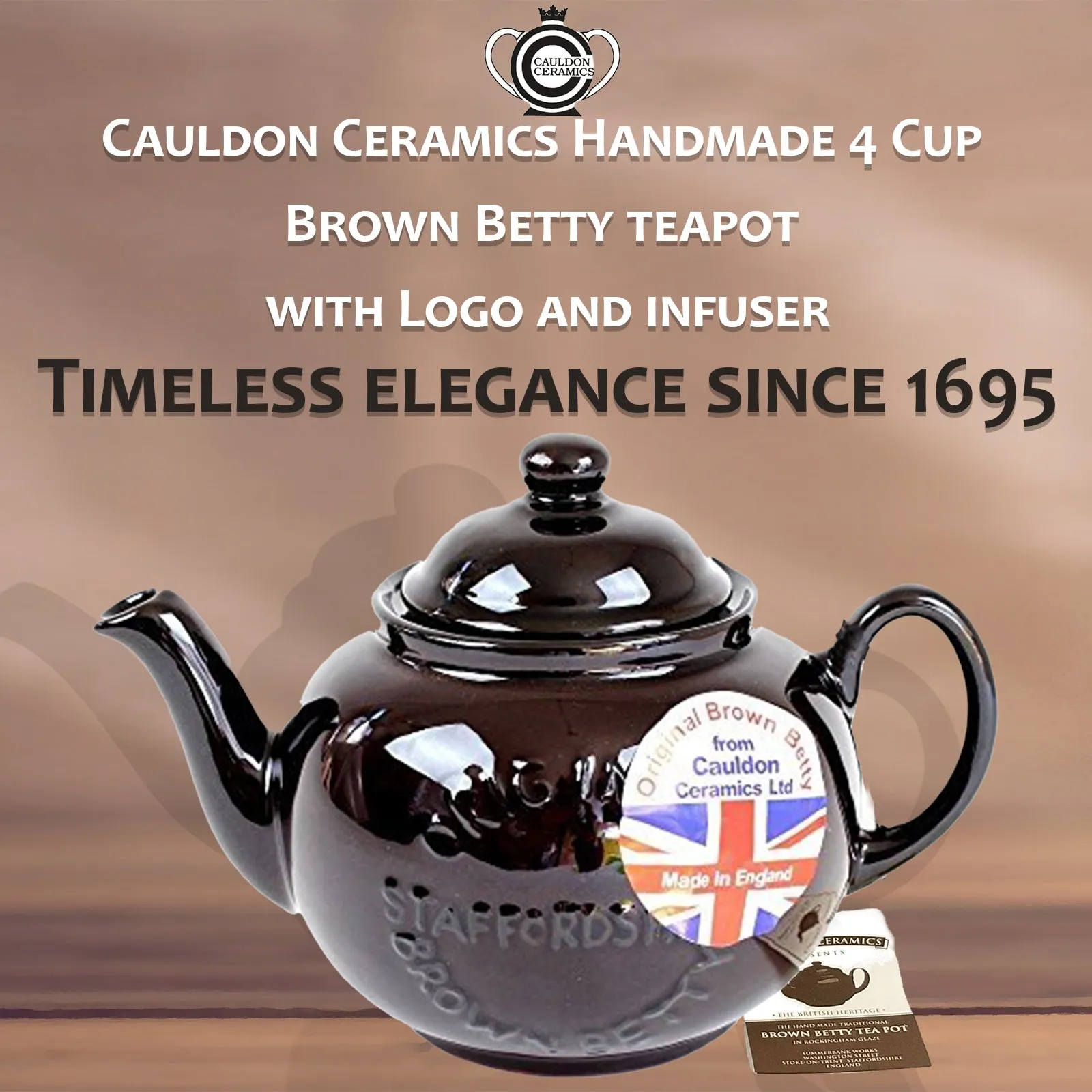 Cauldon Ceramics 4 Cup Brown Betty logo teapot with infuser