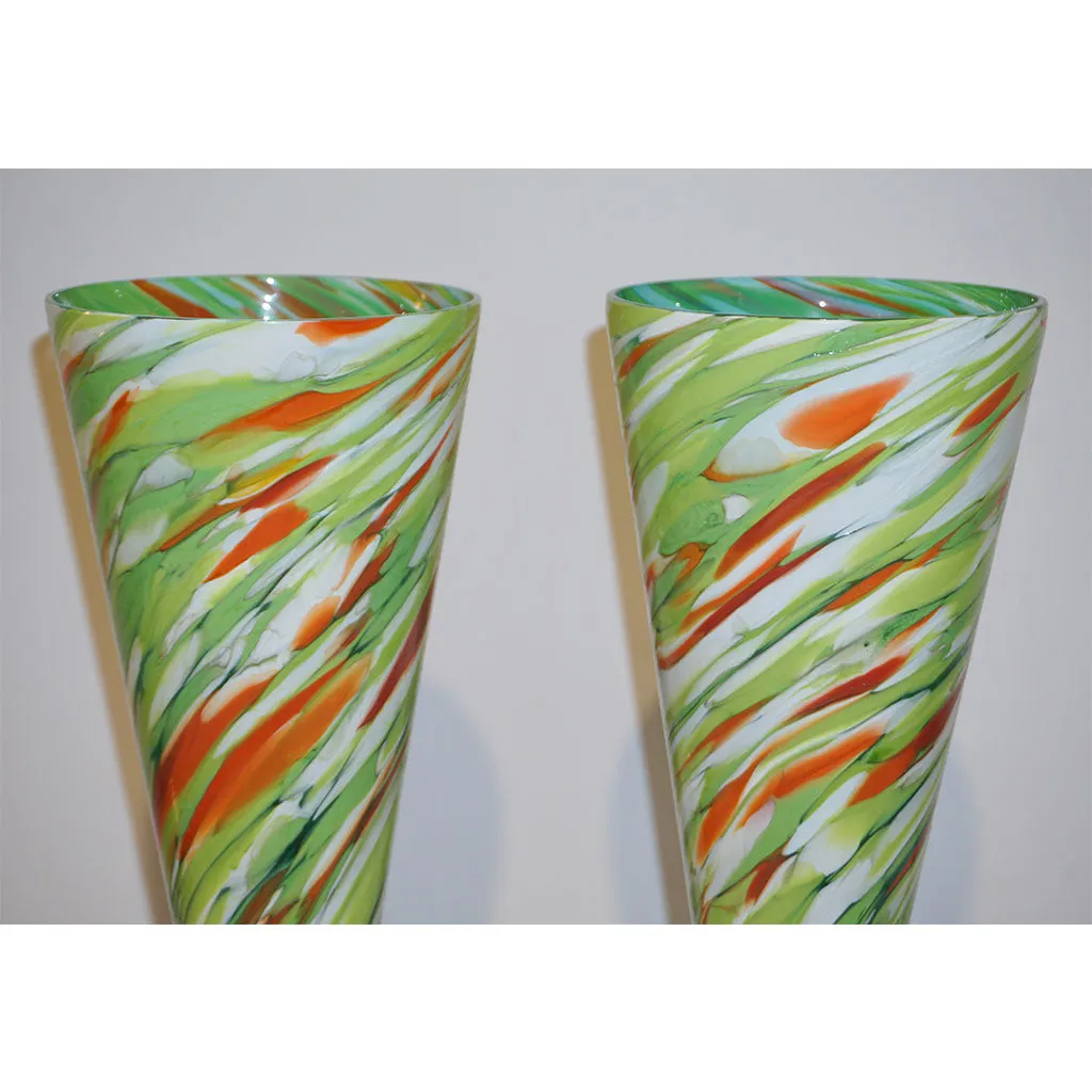 Cenedese 1970 Pair of White Green Orange Murano Glass Conical Vases on Blue Base