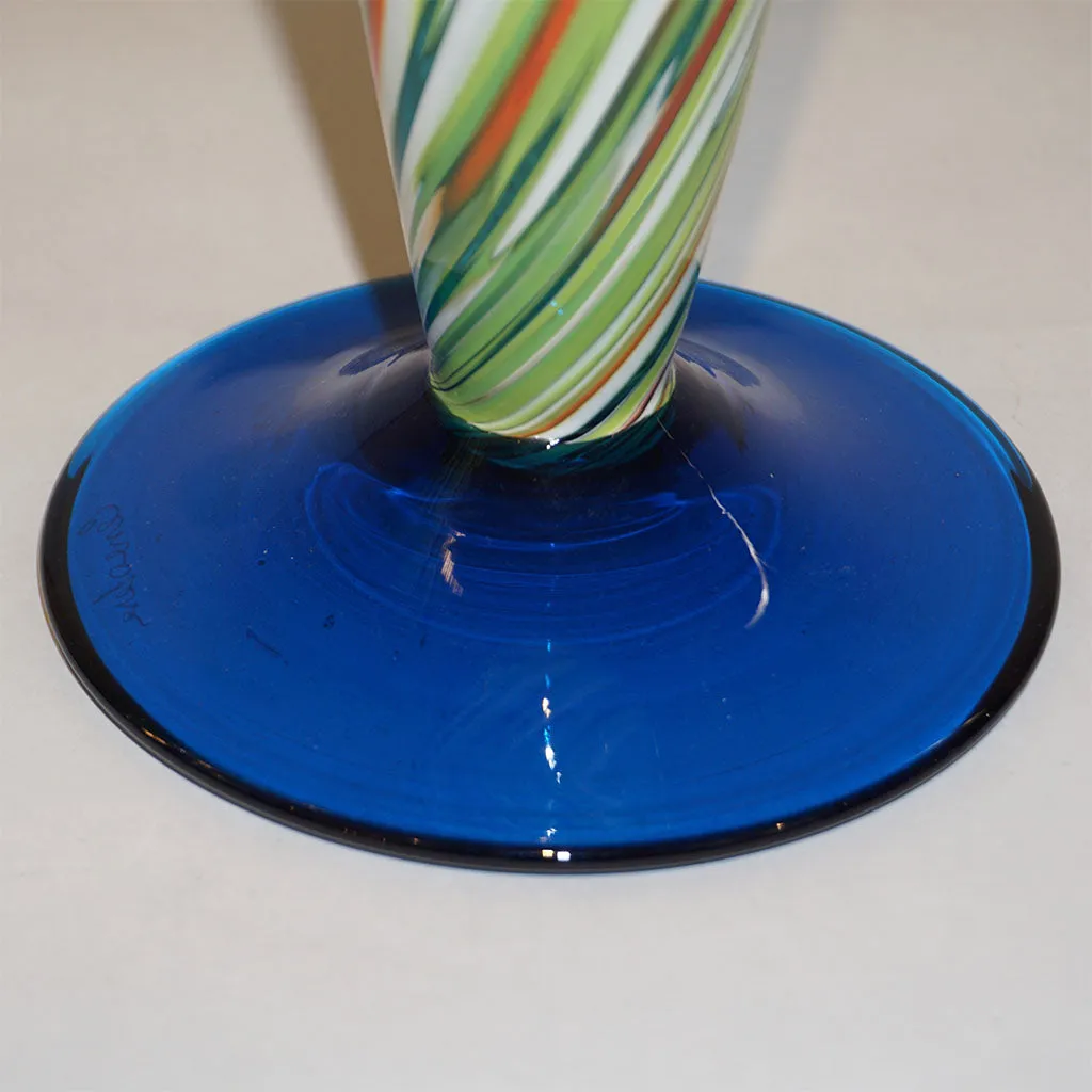 Cenedese 1970 Pair of White Green Orange Murano Glass Conical Vases on Blue Base