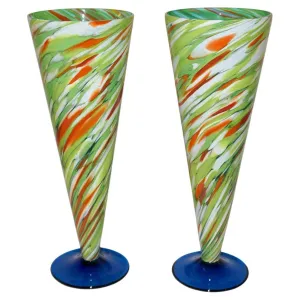 Cenedese 1970 Pair of White Green Orange Murano Glass Conical Vases on Blue Base