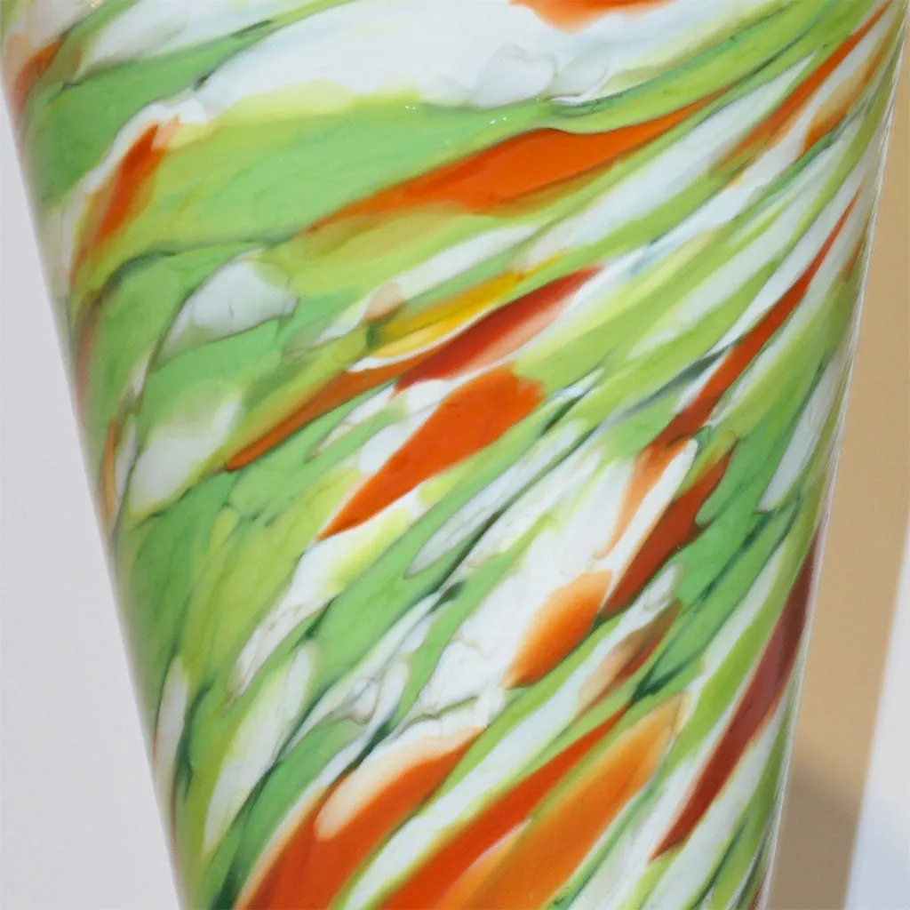 Cenedese 1970 Pair of White Green Orange Murano Glass Conical Vases on Blue Base