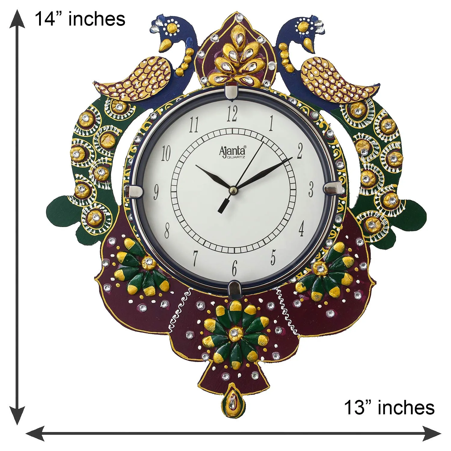 Circadian Ajanta Peacock Design Wall Clock For Home Décor Living Room Hall Office Bedroom Fancy Stylish Antique Wooden Watch Hand Made Multicolour 33 X 33 Cm - Analog