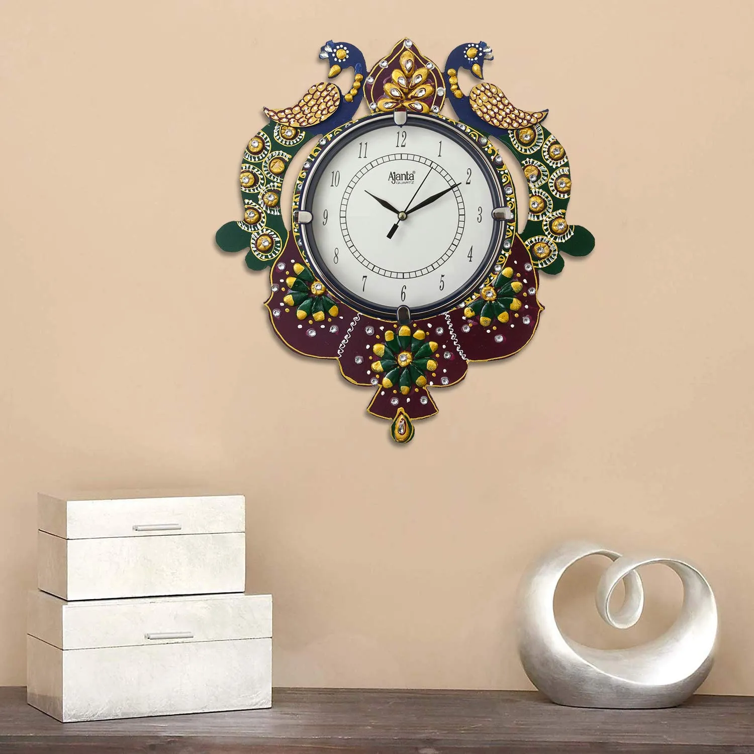 Circadian Ajanta Peacock Design Wall Clock For Home Décor Living Room Hall Office Bedroom Fancy Stylish Antique Wooden Watch Hand Made Multicolour 33 X 33 Cm - Analog