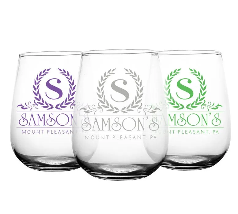 CUSTOMIZABLE - Stemless Wine Glass - 17 ounce - Crest Design 2