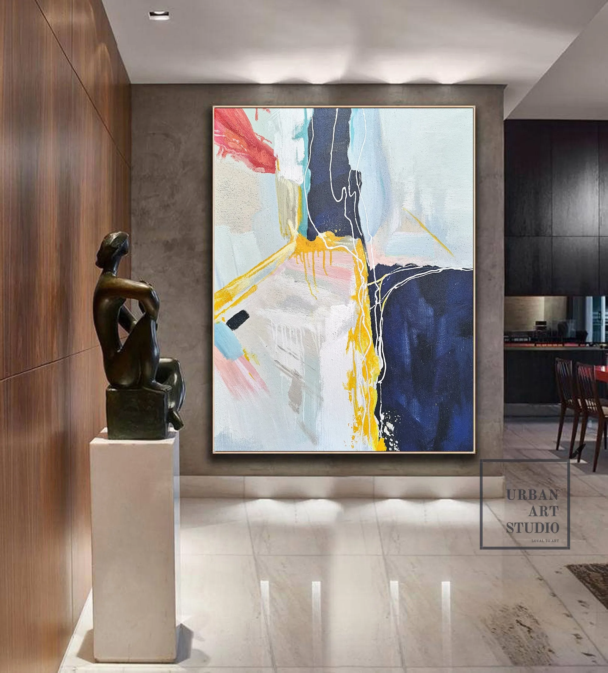 Dark Blue Abstract Painting Minimalist Yellow Painting Art for Big Walls Bp075