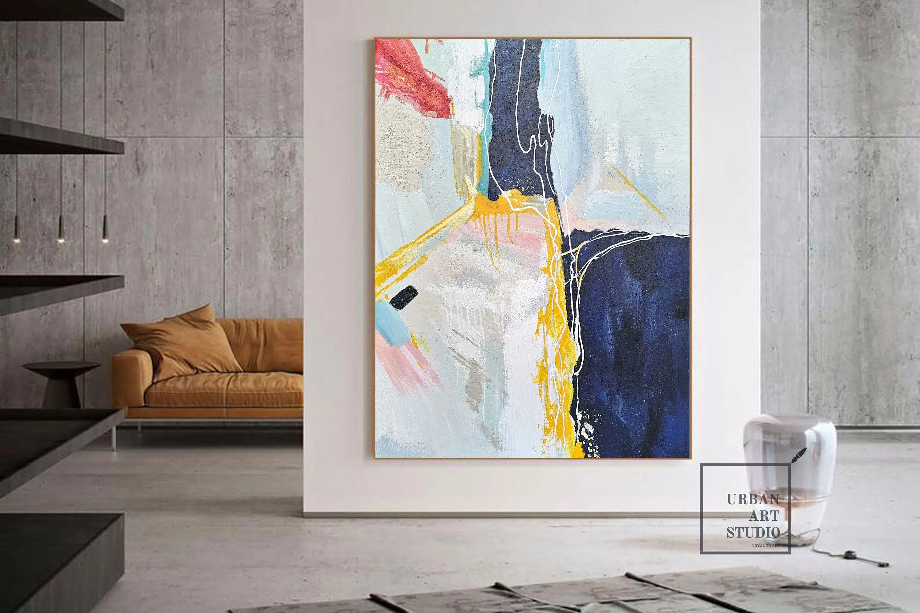 Dark Blue Abstract Painting Minimalist Yellow Painting Art for Big Walls Bp075