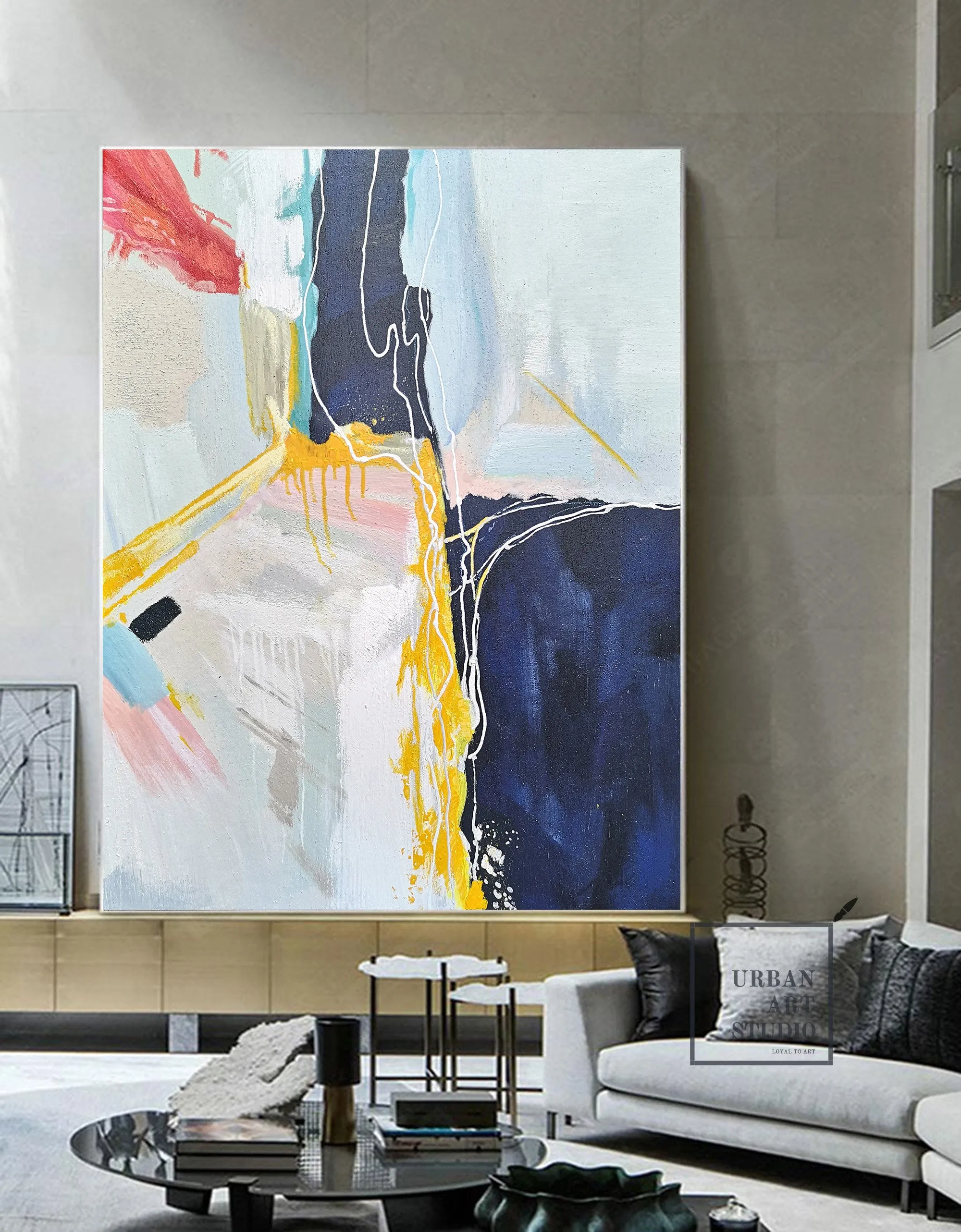 Dark Blue Abstract Painting Minimalist Yellow Painting Art for Big Walls Bp075