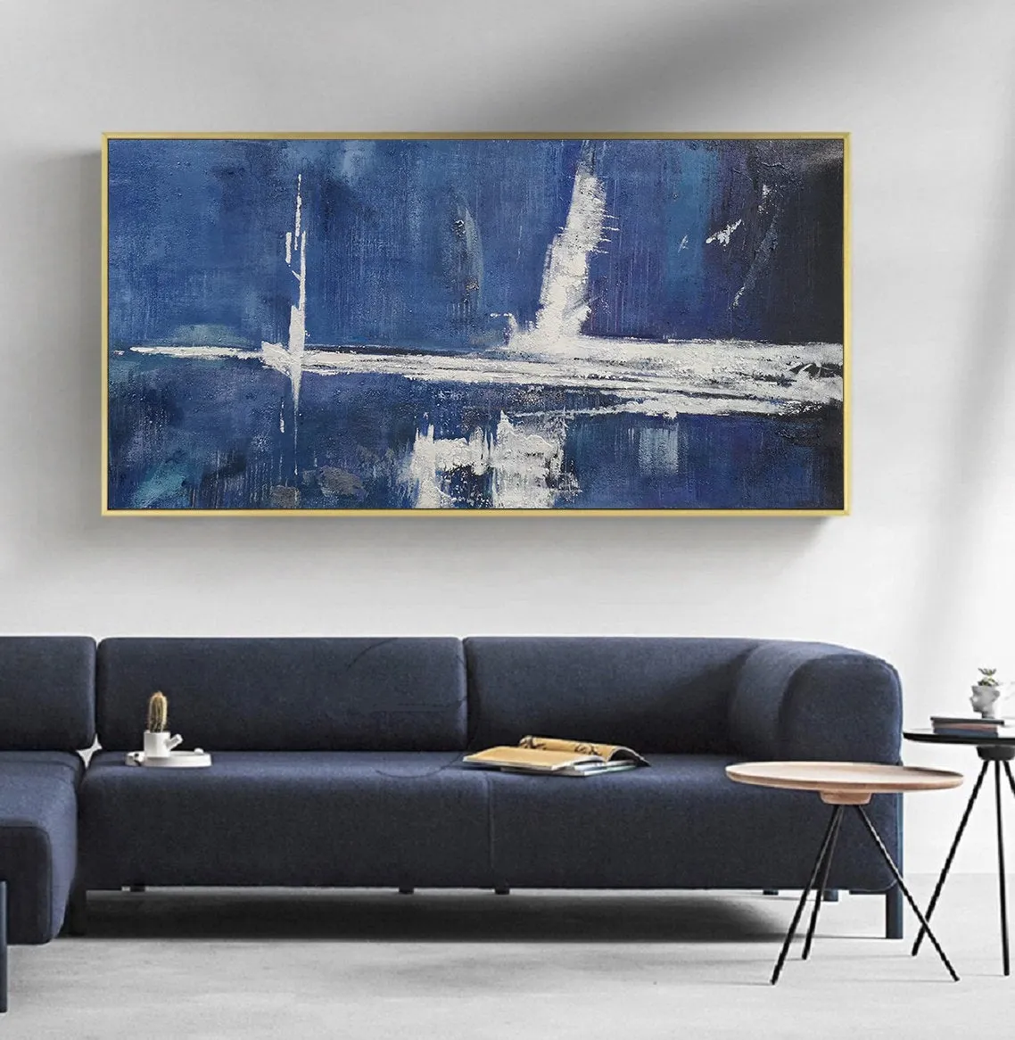 Deep Blue Abstract Painting White Abstract Art Large Wall Painting Np041