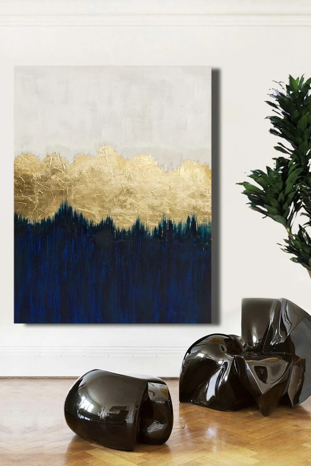 Deep Blue Gold Leaf Abstract Painting Modern Wall Abstract Art Sp062