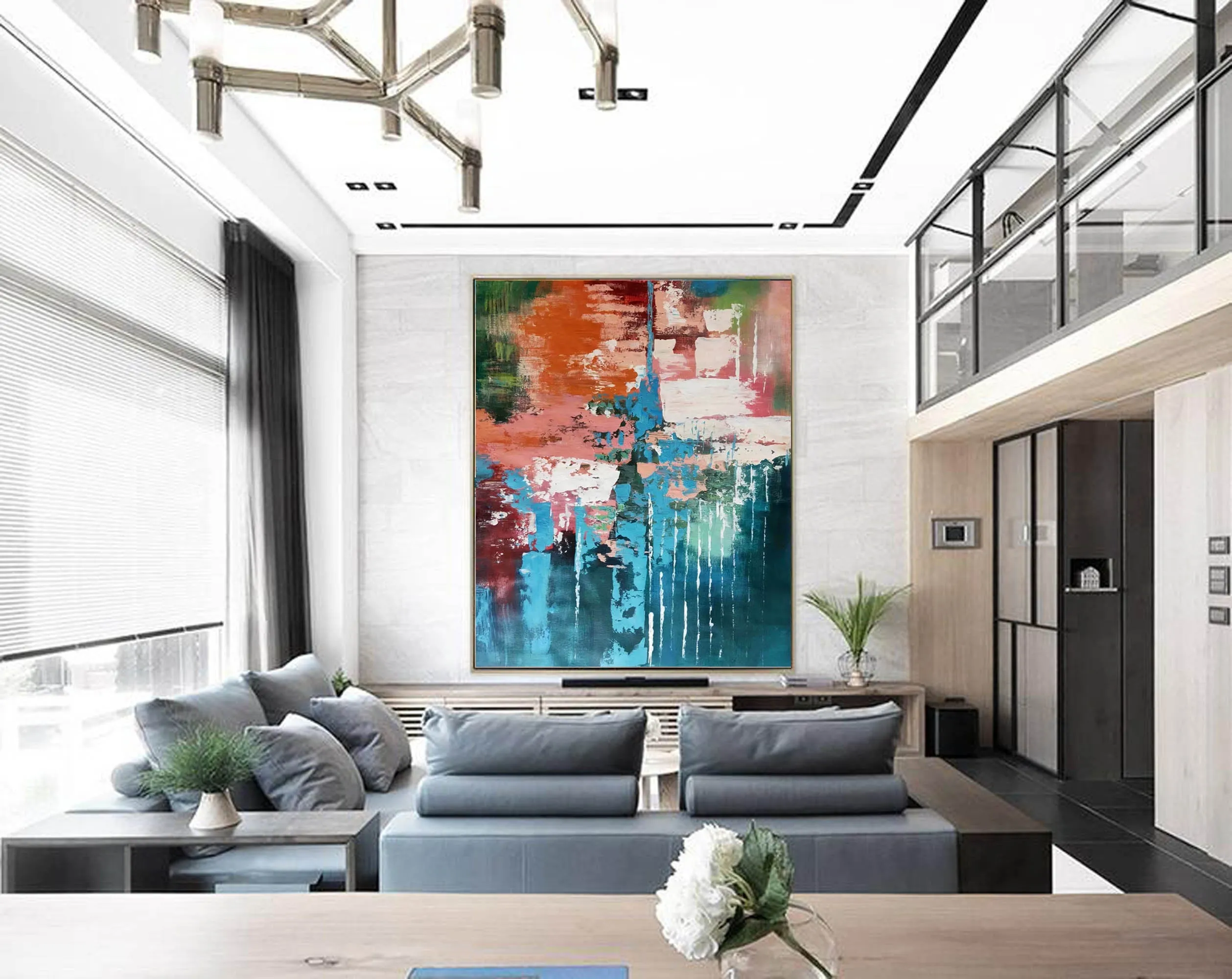 Deep Green Blue Orange Abstract Acrylic Painting Extra Large Wall Art Canvas Cp003