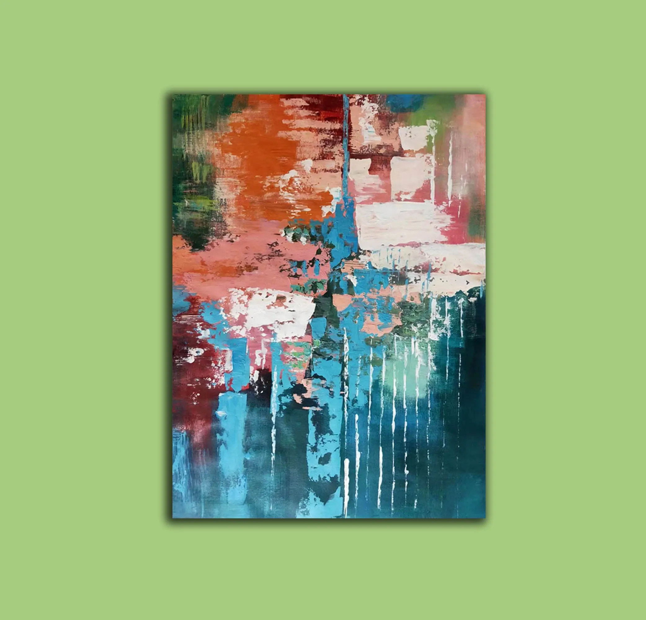 Deep Green Blue Orange Abstract Acrylic Painting Extra Large Wall Art Canvas Cp003