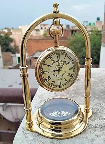 Delight Enterprises Clock/Table Clock, for Study Table with Direction Compass/for, Office, Table Room, Decor Compass Clock Decorative Brass Clock for Desk Shelves Hanging Clock