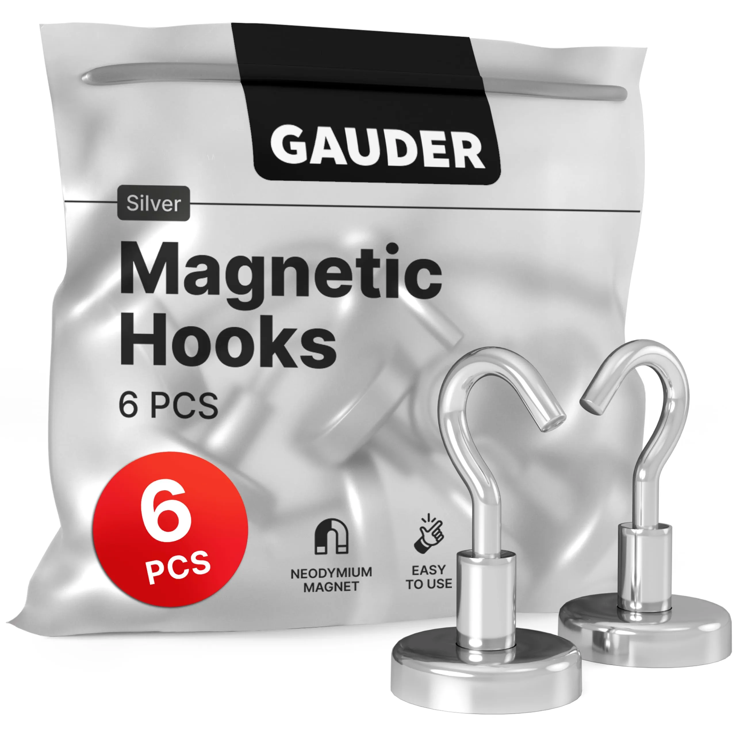 GAUDER Magnetic Hooks | Neodymium Hooks for Fridges and Whiteboards | Silver Magnets for Hanging (6 pcs)