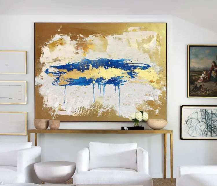 Gold Beige Blue Abstract Paingting Large Oversized Canvas Wall Art Np050