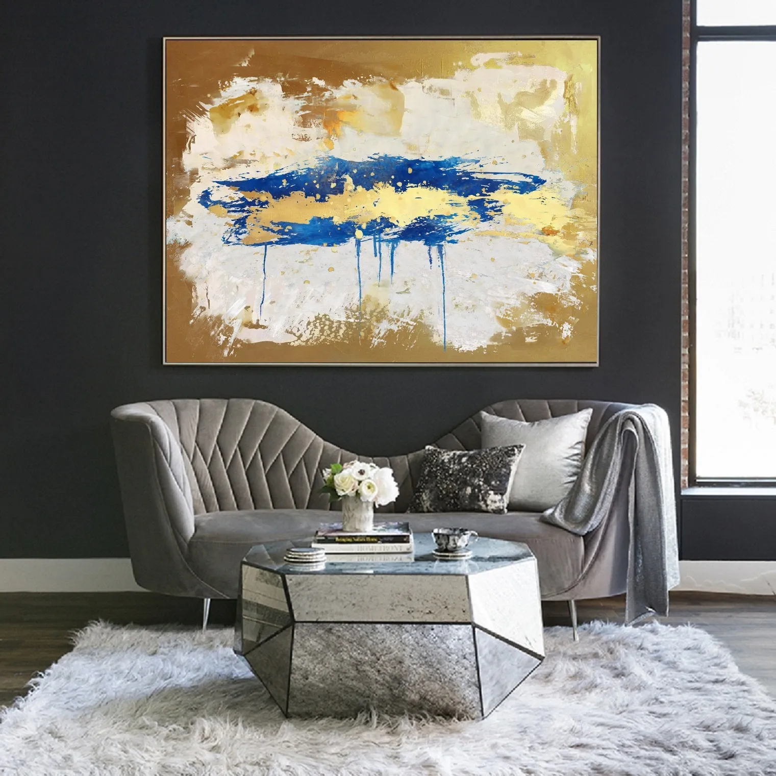 Gold Beige Blue Abstract Paingting Large Oversized Canvas Wall Art Np050