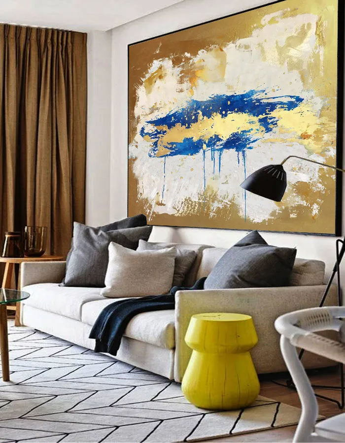 Gold Beige Blue Abstract Paingting Large Oversized Canvas Wall Art Np050