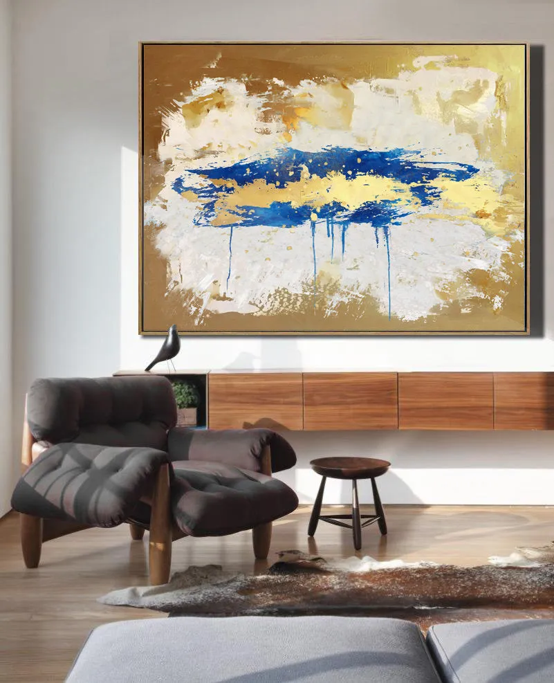 Gold Beige Blue Abstract Paingting Large Oversized Canvas Wall Art Np050