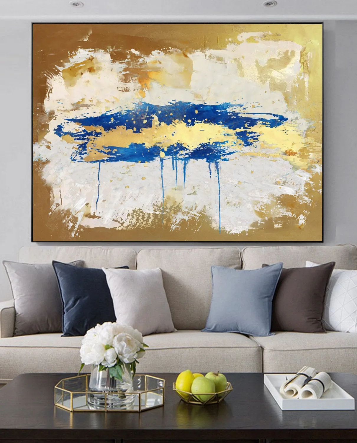 Gold Beige Blue Abstract Paingting Large Oversized Canvas Wall Art Np050