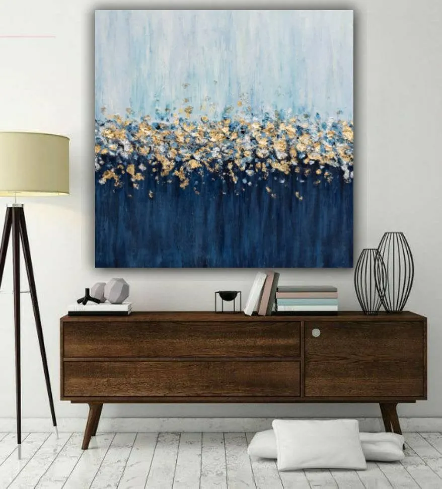 Gold Silver Leaf Painting Navy Blue Textured Painting on Canvas Kp060