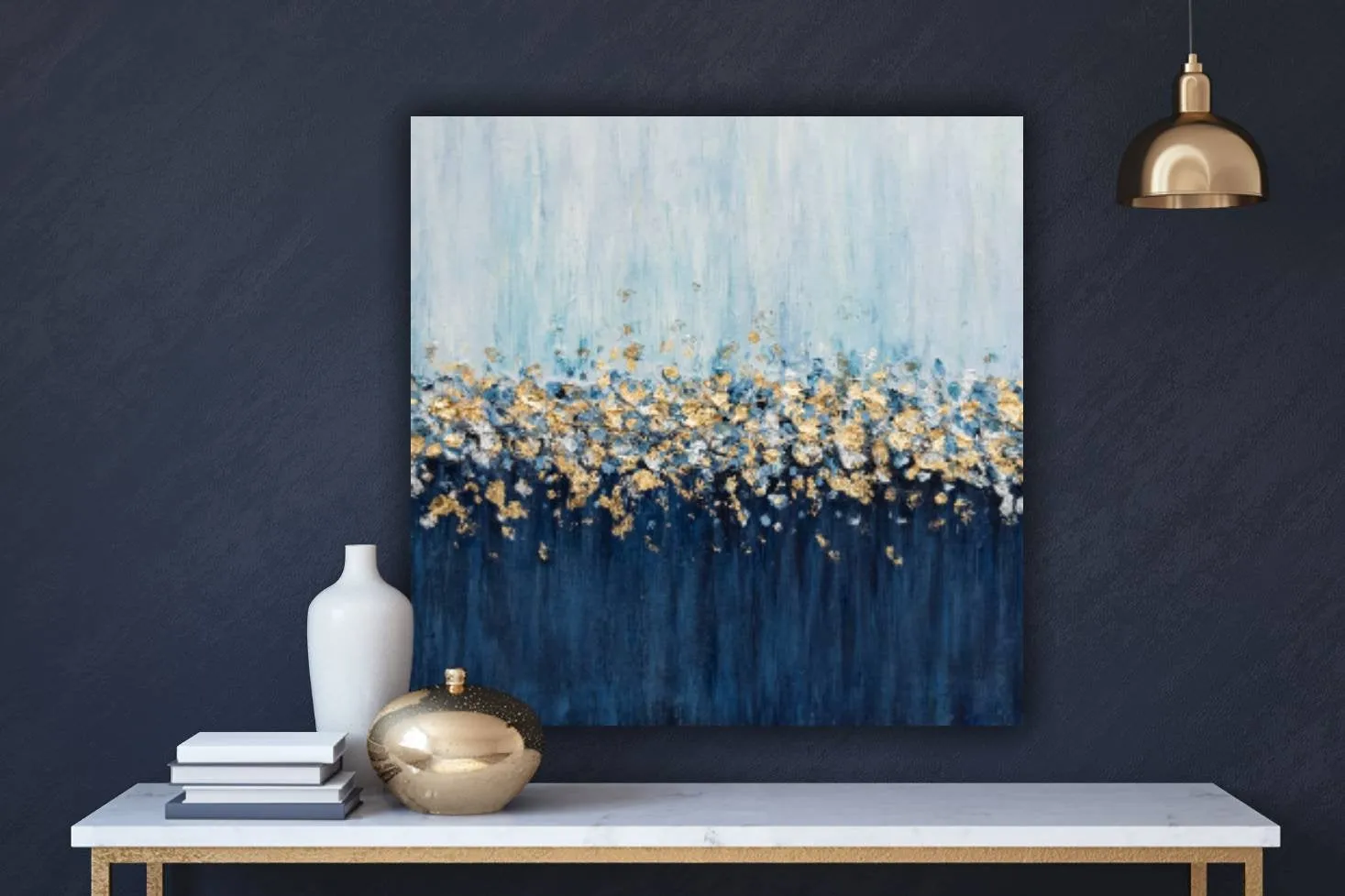 Gold Silver Leaf Painting Navy Blue Textured Painting on Canvas Kp060