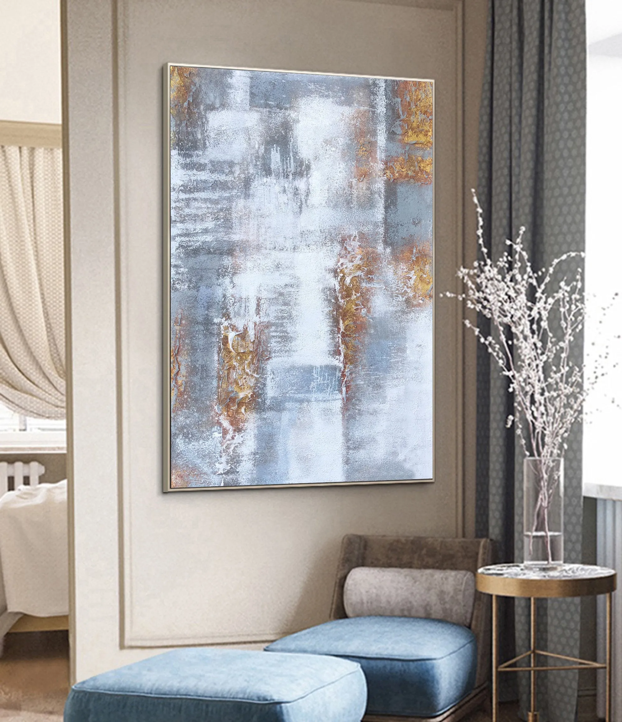 Gray White Gold Abstract Painting on Canvas Texture Art Canvas Cp025