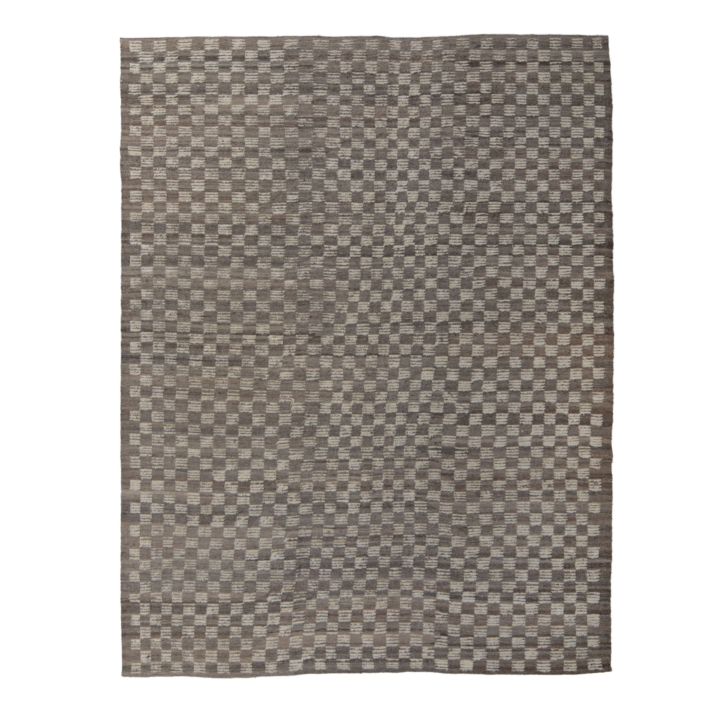 Grey Zameen Transitional Grid Wool Rug - 7' x 8'11"