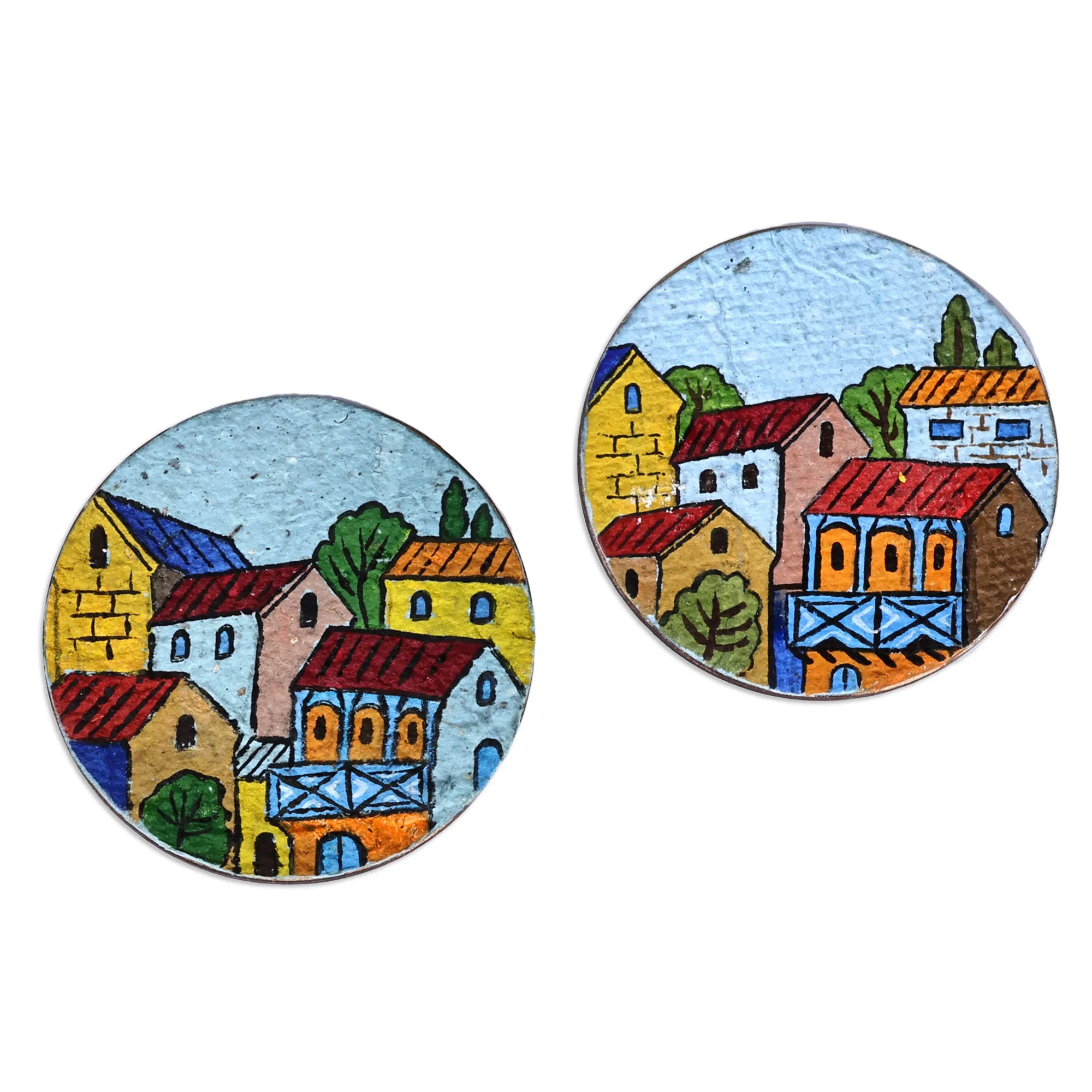 Hand-Painted Colorful Round Recycled Paper Magnets (Pair) - Morning at the Town | NOVICA