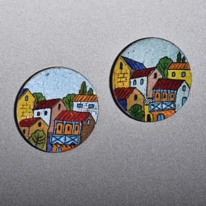 Hand-Painted Colorful Round Recycled Paper Magnets (Pair) - Morning at the Town | NOVICA