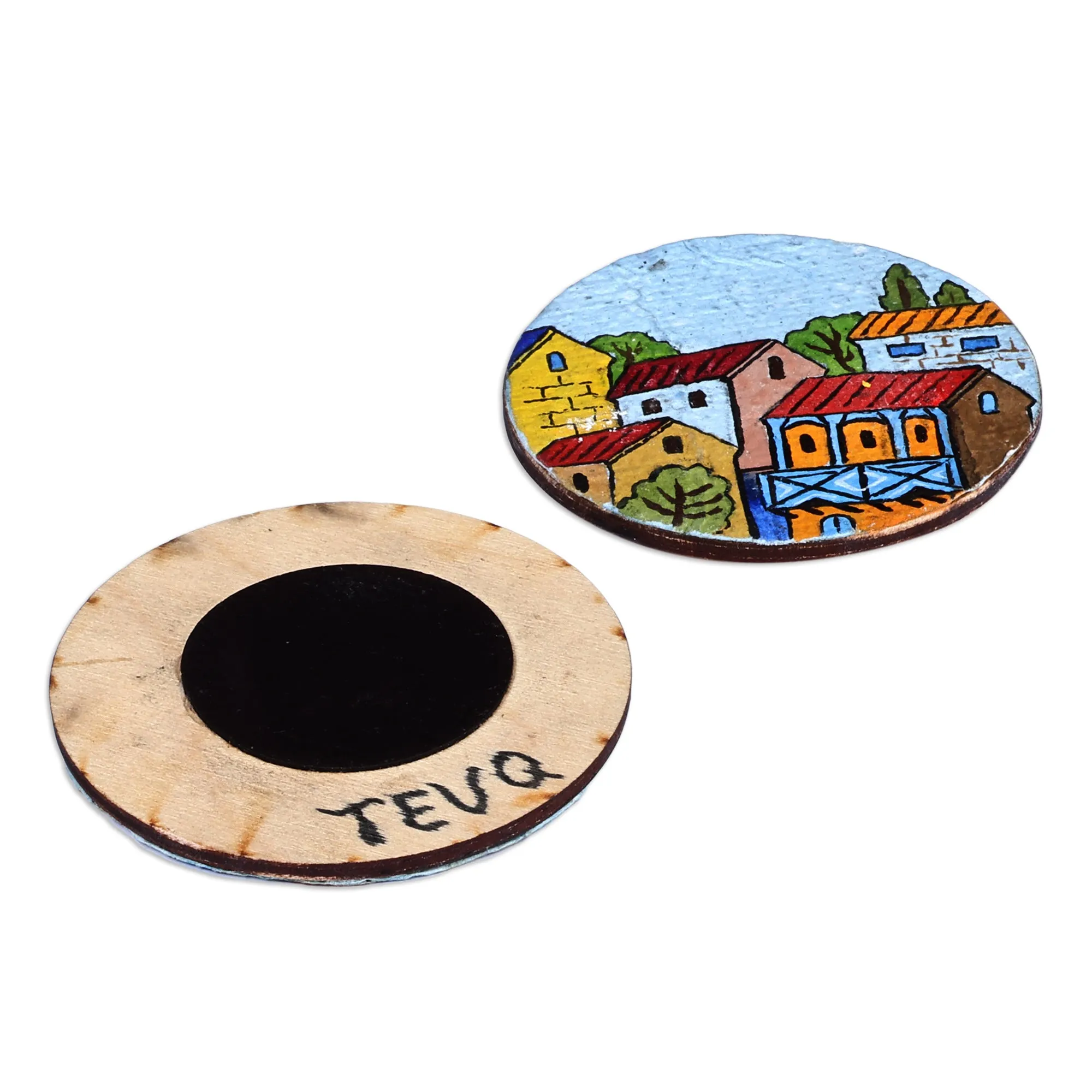 Hand-Painted Colorful Round Recycled Paper Magnets (Pair) - Morning at the Town | NOVICA