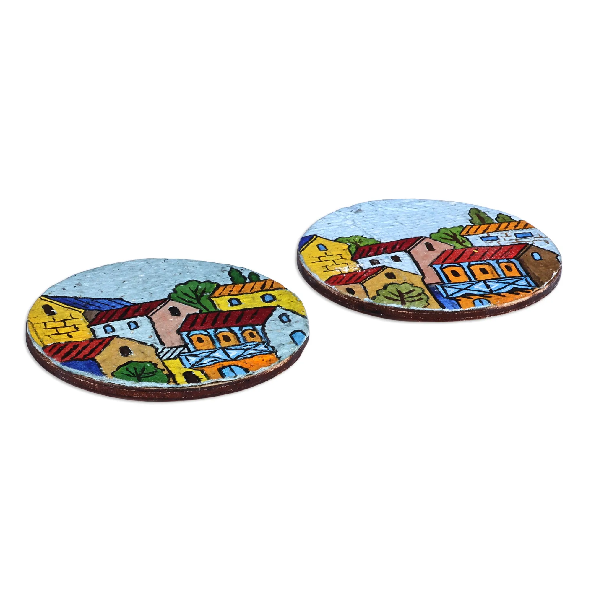 Hand-Painted Colorful Round Recycled Paper Magnets (Pair) - Morning at the Town | NOVICA