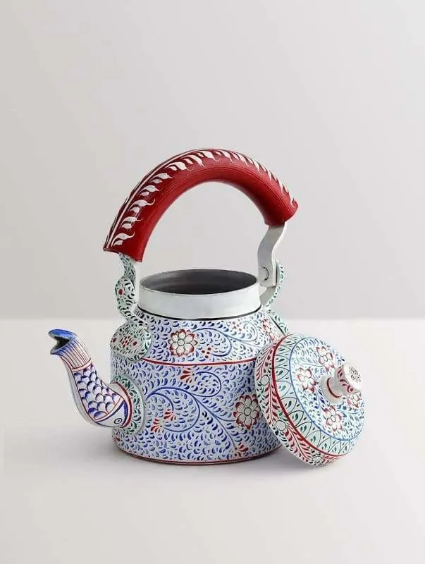 Hand Painted White and Blue Tea Pot in Aluminium