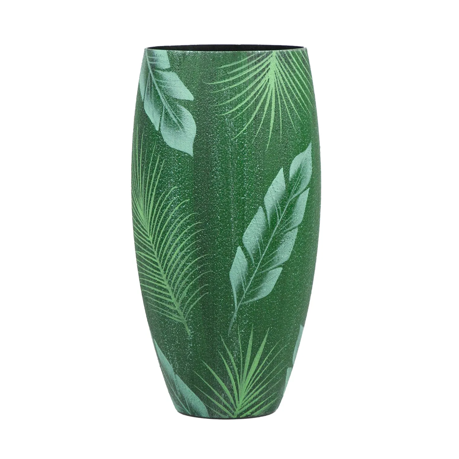 Handpainted Glass Vase - Decorative Home Decor -  Green Leaf Jungle Design - Home Decor - 12 inch Oval Tabletop Vase for Floral Arrangements