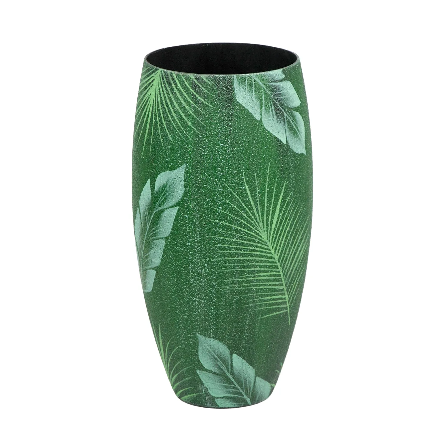 Handpainted Glass Vase - Decorative Home Decor -  Green Leaf Jungle Design - Home Decor - 12 inch Oval Tabletop Vase for Floral Arrangements