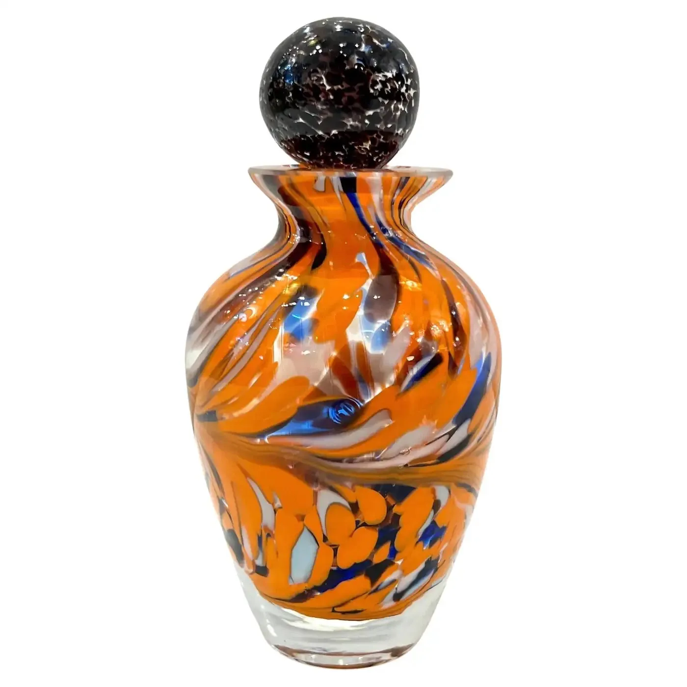 Italian Vintage Orange Black White Blue Murano Glass Oval Shape Perfume Bottle