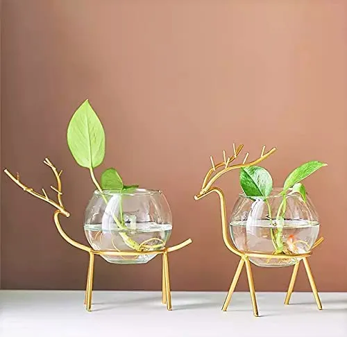 Lavish Craft Desktop Deer Plant Vases Small Glass Flower Vase with Gold Metal Stand Propagation Station Plant Holder Glass Planter Holder Deer for Home Wedding Decor (A)