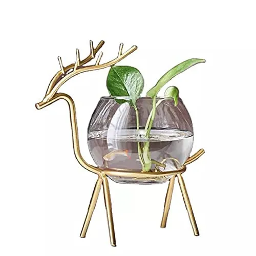 Lavish Craft Desktop Deer Plant Vases Small Glass Flower Vase with Gold Metal Stand Propagation Station Plant Holder Glass Planter Holder Deer for Home Wedding Decor (A)