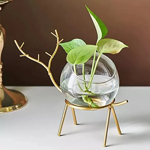 Lavish Craft Desktop Deer Plant Vases Small Glass Flower Vase with Gold Metal Stand Propagation Station Plant Holder Glass Planter Holder Deer for Home Wedding Decor (A)