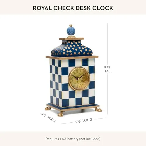 MACKENZIE-CHILDS Desk Clock, Decorative Wood Clock for Kitchen and Living Room, Blue-and-White Royal Check