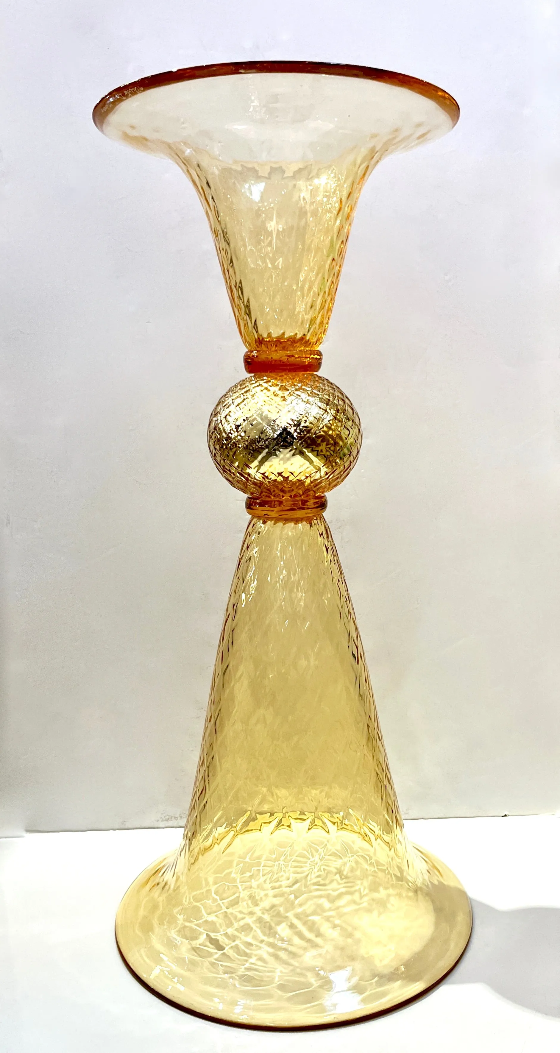 Modern Italian Gold Honeycomb Murano Glass Tall Round Conical Double Vase