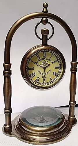 Nautical Victoria Antique, Desk Clock/Table Clock, with Direction Compass (Brown Antique Finish)