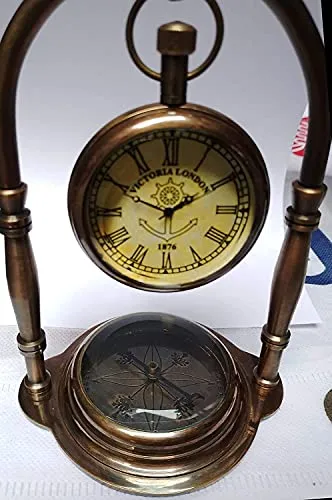 Nautical Victoria Antique, Desk Clock/Table Clock, with Direction Compass (Brown Antique Finish)