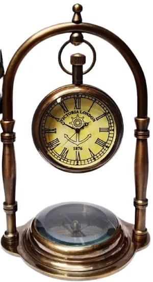 Nautical Victoria Antique, Desk Clock/Table Clock, with Direction Compass (Brown Antique Finish)