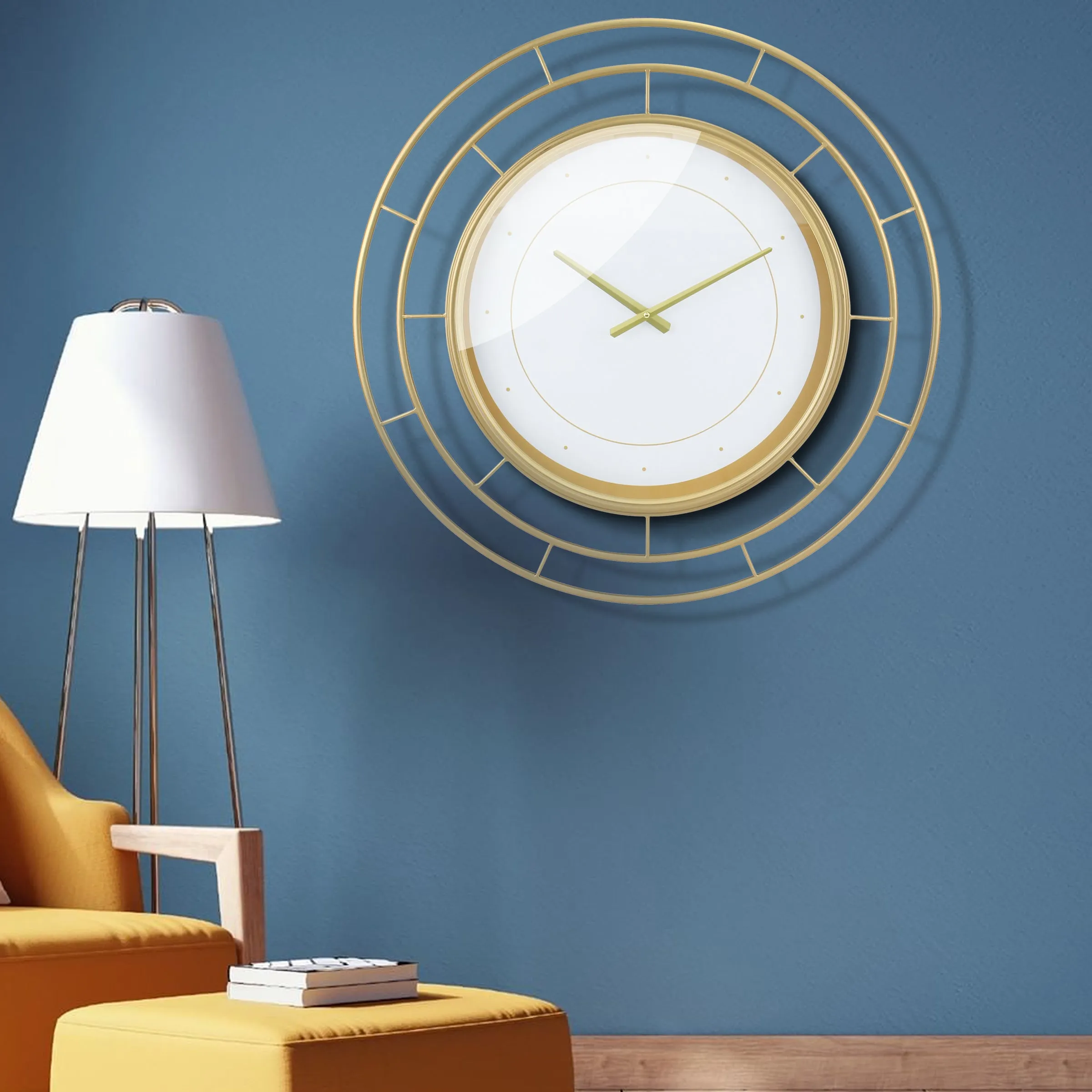 Round Open Face White Clock with Gold Concentric Wire